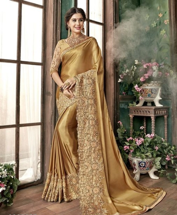 Lycra Embroidery Golden  Saree -   Free Size, Golden,   Silk Blend, Pack of1